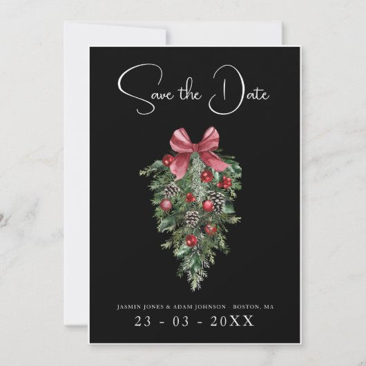 Zwart Kerst Rood Groen Winter Feestelijke bruiloft Save The Date (Voorkant)