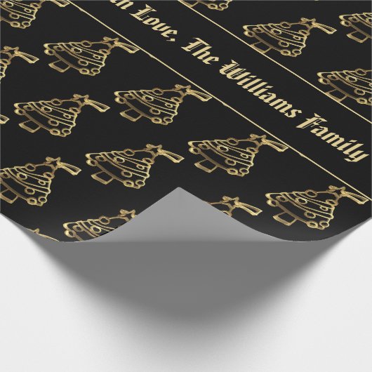 Zwart kerstboompatroon met gouden kerstmis Voeg te Cadeaupapier (Hoek)