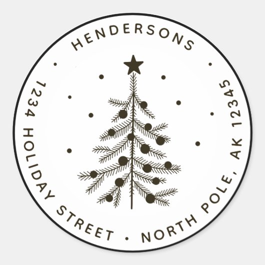 Zwart kerstboomruitadres ronde sticker (Voorkant)