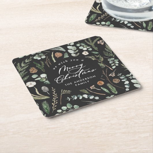 Zwart Kerstmis minimale elegante botanische Kartonnen Onderzetters (Schuin)