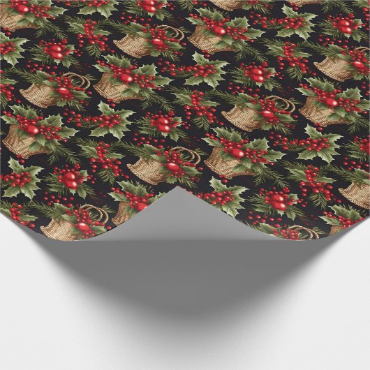 Zwart Kerstmis Modern Botanisch Patroon Cadeaupapier (Hoek)