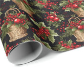 Zwart Kerstmis Modern Botanisch Patroon Cadeaupapier (Rol Hoek)