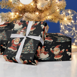 Zwart Kerstmis Santa Tree Sneeuwman Cadeaupapier