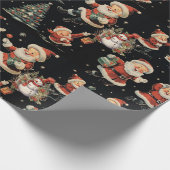 Zwart Kerstmis Santa Tree Sneeuwman Cadeaupapier (Hoek)