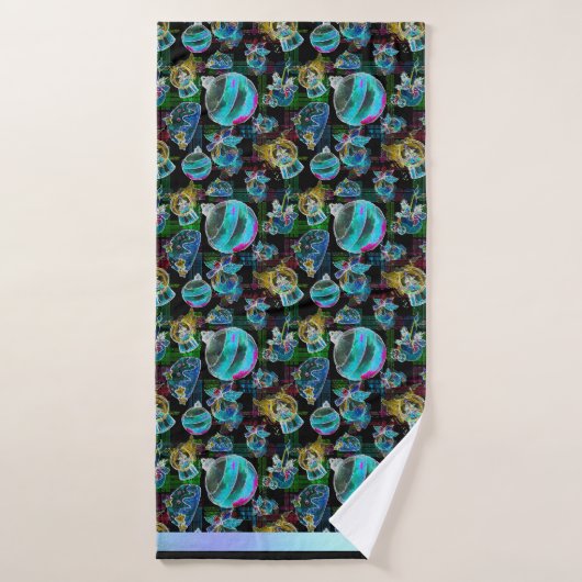 Zwart Kerstmis Wereldbol en Ornament Pattern Badhanddoek (Badhanddoek)