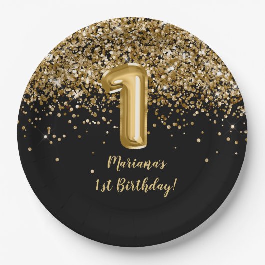 Zwart Kinder meisje 1e verjaardag Papieren Bordje (Voorkant)