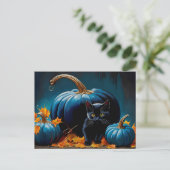 Zwart Kitten en Blue Moon Pompoenen Herfstbladeren Feestdagenkaart (Staand voorkant)