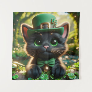 Zwart Kitten in Groen St. Patrick's Day Kleding Wandkleed
