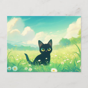 Zwart Kitten in Zonnige Madeliefjes Bloemenwei Briefkaart