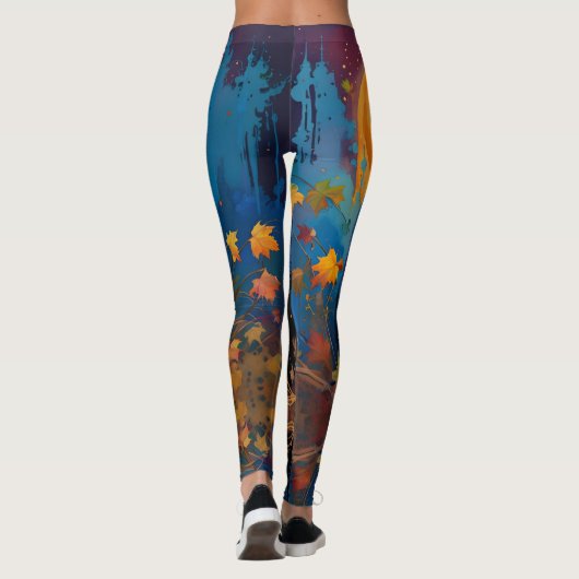 Zwart Kitten Pompoen Volle Maan Herfst Bladeren Leggings (Achterkant)