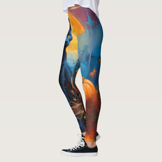 Zwart Kitten Pompoen Volle Maan Herfst Bladeren Leggings (Links)
