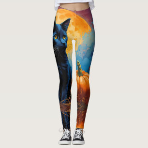 Zwart Kitten Pompoen Volle Maan Herfst Bladeren Leggings
