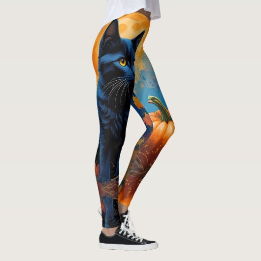 Zwart Kitten Pompoen Volle Maan Herfst Bladeren Leggings (Rechts)