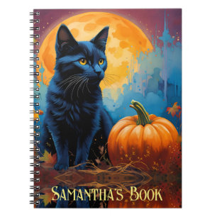 Zwart Kitten Pompoen Volle Maan Herfst Bladeren Notitieboek