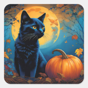 Zwart Kitten Pompoen Volle Maan Herfst Bladeren Vierkante Sticker