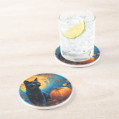 Zwart Kitten Pompoen Volle Maan Herfst Bladeren Zandsteen Onderzetter (Zijkant)