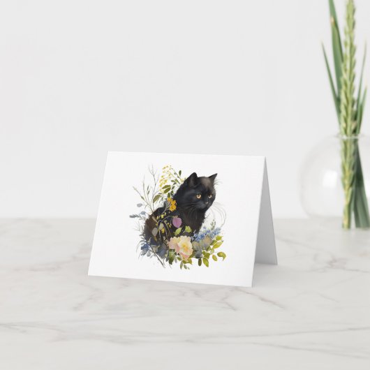 Zwart Kitty Kat met Bloemen BLANK Kaart (Voorkant)
