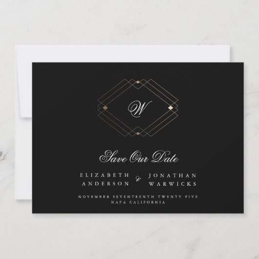 zwart klassiek  deco goudmonogram geometrisch save the date (Voorkant)