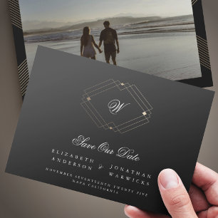 zwart klassiek  deco goudmonogram geometrisch save the date