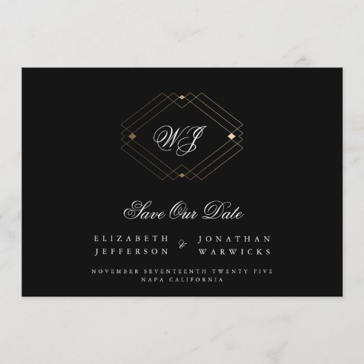 zwart klassiek deco goudmonogram qr code save the date (Voorkant)