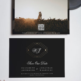 zwart klassiek deco goudmonogram qr code save the date