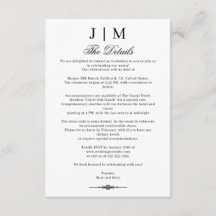 Zwart & Klassiek Monogram Huwelijksreceptie Informatiekaartje