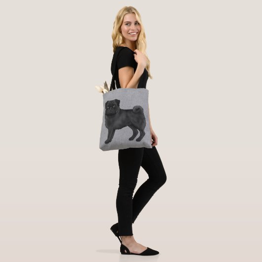 Zwart Kleur Schattige Pug Mops Cartoon Dog Ras Gri Tote Bag (Op model)