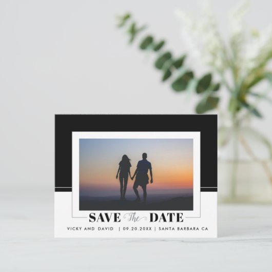 Zwart kleurenblok bruiloft opslaan Datum foto Briefkaart (Staand voorkant)