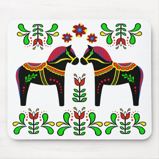 Zwart/kleurig Folk Dala paard/Folk Friesian Muismat (Voorkant)