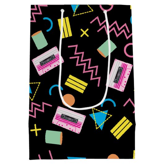 Zwart kleurrijk 80-inch Retropatroon Medium Cadeauzakje (Achterkant)