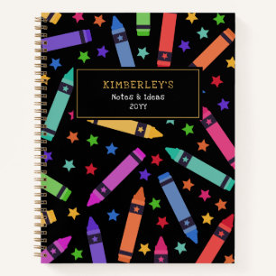 Zwart Kleurrijk Crayons & Sterren Patroon Notitieboek