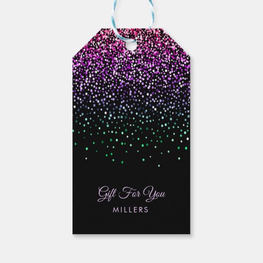 Zwart kleurrijk glitteraccent cadeaulabel (Achterkant)