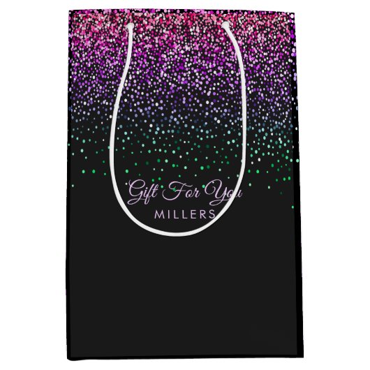 Zwart kleurrijk glitteraccent medium cadeauzakje (Voorkant)