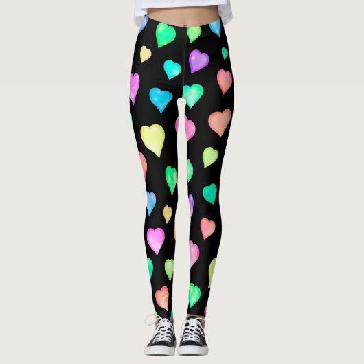 Zwart kleurrijk hartenpatroon leggings (Voorkant)