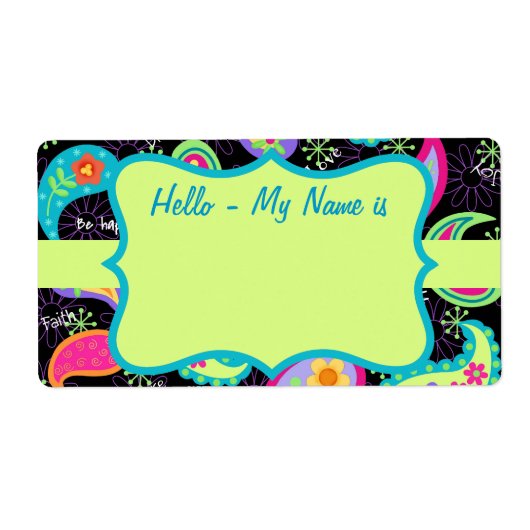 Zwart kleurrijk Lime Green Paisley Pattern Name Ta Etiket (Voorkant)