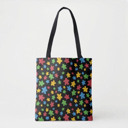 Zwart Kleurrijk Meeple Patroon Tote Bag (Voorkant)