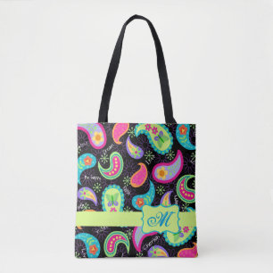 Zwart kleurrijk modern patroonmonogram tote bag