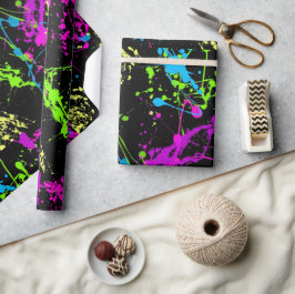 Zwart Kleurrijk Neon Paint Splatter Patroon Cadeaupapier