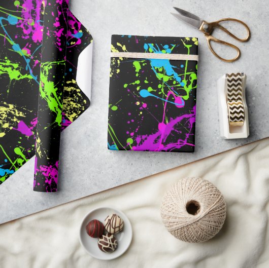 Zwart Kleurrijk Neon Paint Splatter Patroon Cadeaupapier (Crafts)