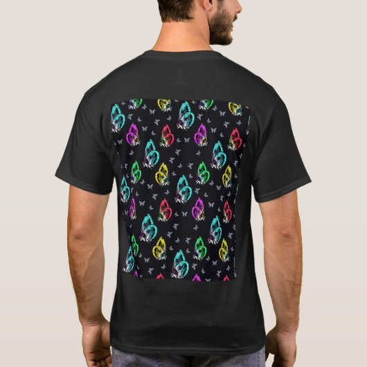 Zwart Kleurrijk Vlinderillustratiepatroon T-shirt (Achterkant)