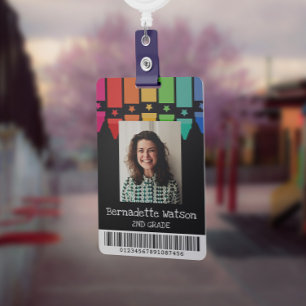 Zwart Kleurrijke Crayons Barcode School Leraar ID Badge