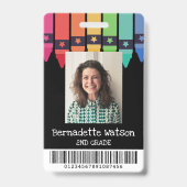 Zwart Kleurrijke Crayons Barcode School Leraar ID Badge (Voorkant)