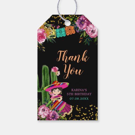 Zwart Kleurrijke Fiesta Floral Verjaardag Dank u Cadeaulabel (Voorkant)