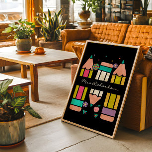 Zwart Kleurrijke Leraar Cartoon Potlood Poster