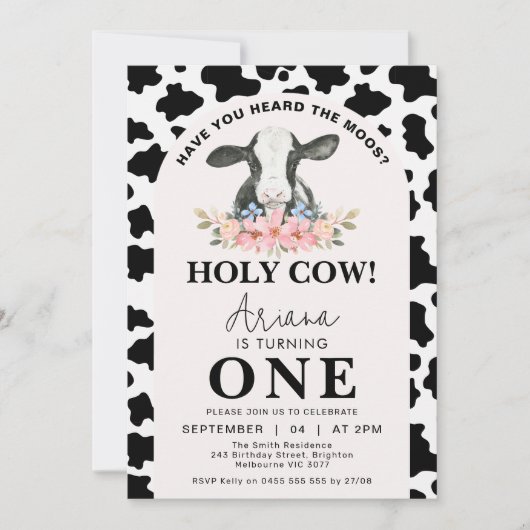 Zwart Koe Print Arch Bloemen Heilige Koe 1e Verjaa Kaart (Voorkant)