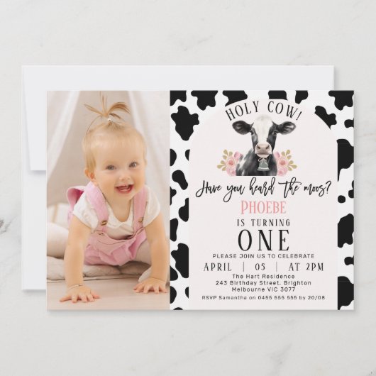 Zwart Koe Print Foto Heilige Koe 1e Verjaardag Kaart (Voorkant)