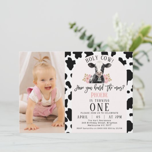 Zwart Koe Print Foto Heilige Koe 1e Verjaardag Kaart (Staand voorkant)