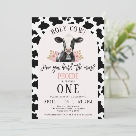 Zwart Koe Print Roze Arch Heilige Koe 1e Verjaarda Kaart (Staand voorkant)