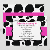 Zwart koeienafdrukken en hot-roze lintuitnodiging kaart (Voorkant / Achterkant)