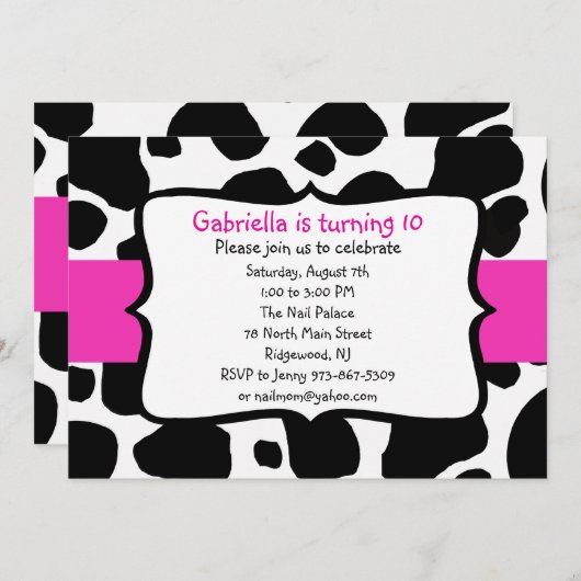 Zwart koeienafdrukken en hot-roze lintuitnodiging kaart (Voorkant / Achterkant)